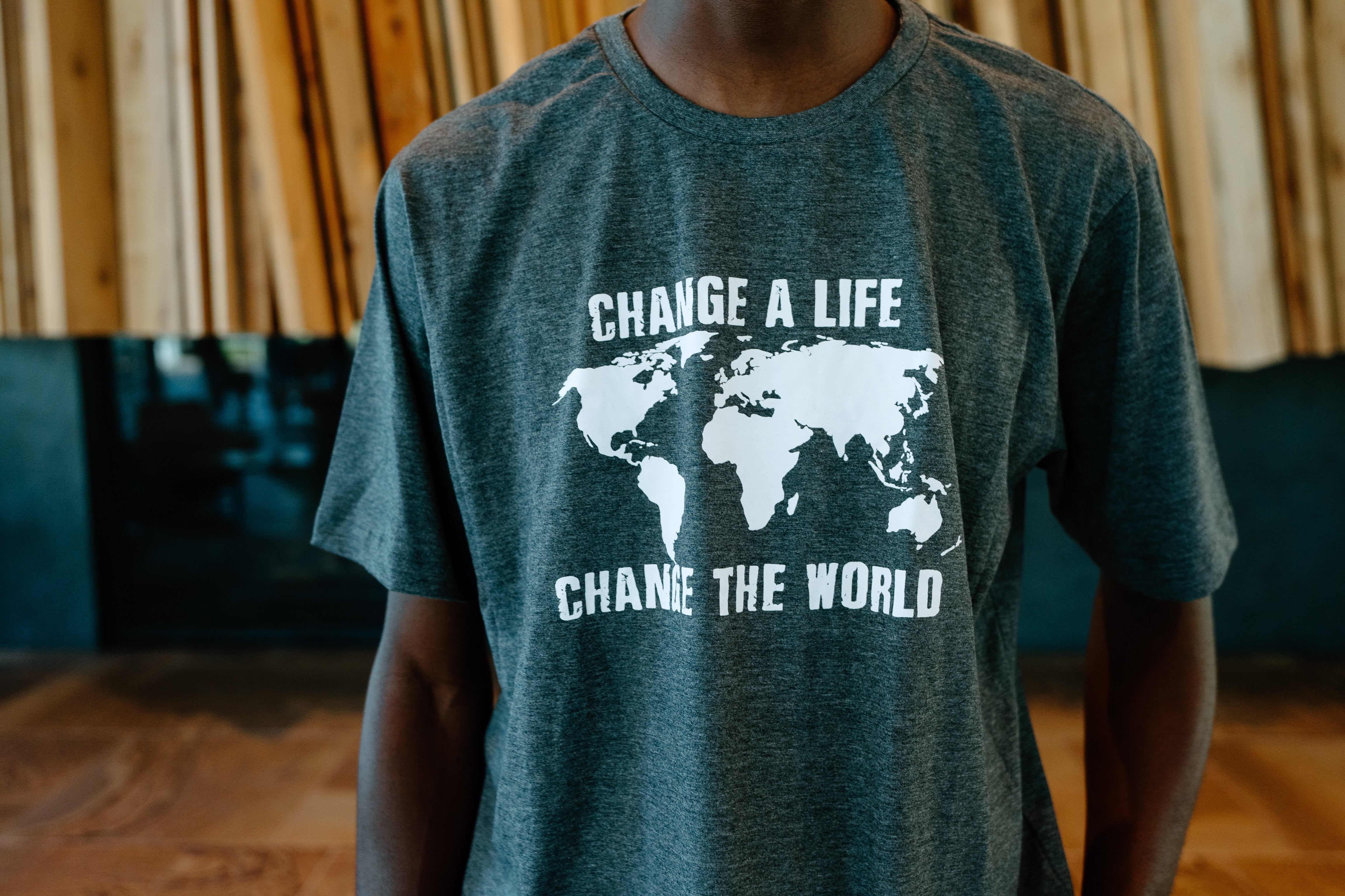 "Change a life, Change the World" Crew Neck Tee - Gray (Brazil)