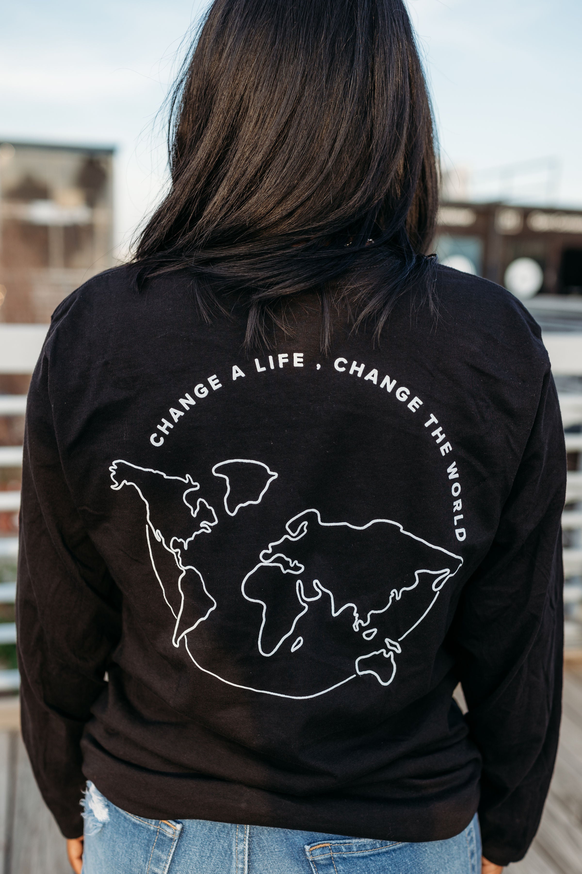 "Change a Life, Change the World" Long Sleeve Crew - Black